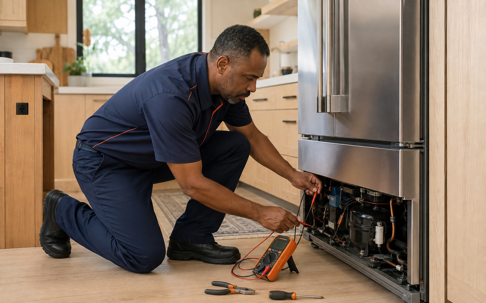 Appliance technician diagnosing a refrigerator in a Northwest Suburbs home